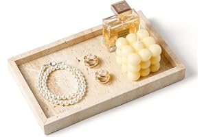 WORHE Italy Travertine Stone Vanity Tray for Jewelry, Perfume, Makeup, Candle,Natural Marble Decorative Trays for Bathroom Dresser Rectangle Kitchen Storage Organizer for Home Decor Beige WH020