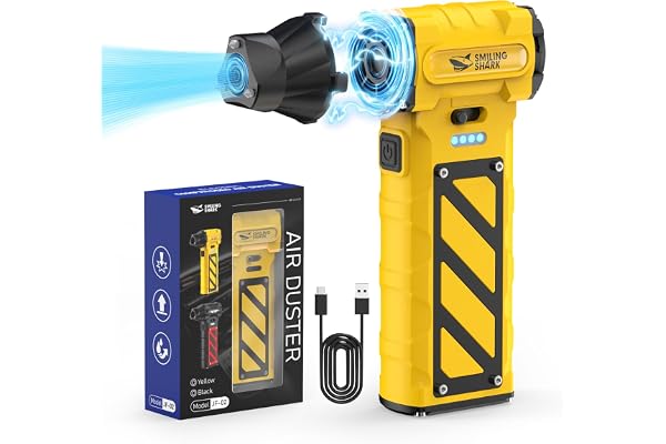 Smiling Shark Dépoussiérants Puissants Électrique, JF-02 Vitesse Variable 110000TR/Min Souffleur Air Comprimé avec Cutter & Marteau de Sécurité- Batterie 8000mAh pour Cour/Camping/PC/Voiture, Jaune