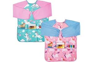 Lictin 2 Stück Malkittel Kinder 3–8 Jahre, Malkittel Cchule 1. Klasse, Wasserdicht Maleranzug mit 3 Taschen und Langen Ärmeln, Malerschürze für Schule Malerkittel Kinder