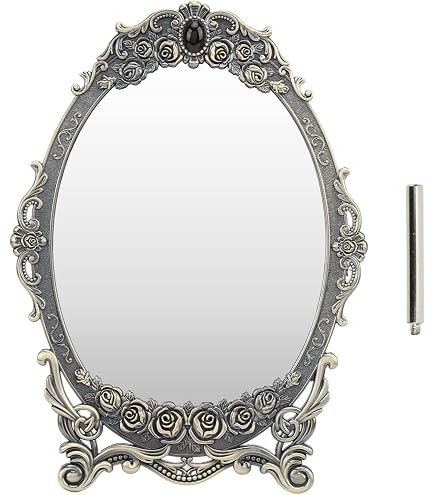 SUMTREE Miroir De Maquillage Miroir Décoratif Vintage Ovale Et Double-Face Miroir Pour Table Photographie Dressing Petit Argente - 5