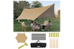 TOP LANDER 4.5X4.5 Camping Tarp with Pole Waterproof Mutifunctional Awning Hexagon Tarpaulin Tent Shelter for Car Bushcraft Hammock Backpacking Outdoor
