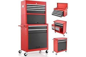 GiantexUK 2 in 1 Lockable Metal Tool Chest with Removable Top Cabinet, Wheels, 5/6 Drawers, Pegboard & Hooks, Heavy-duty Rolling Tool Box Trolley (with Middle Toolbox, Black+Red)