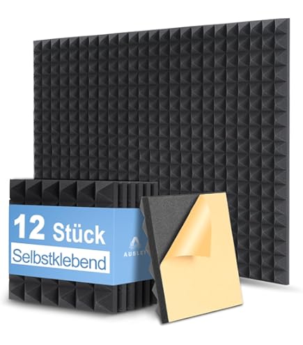 Akoestisch schuim, zelfklevend, geluidsisolatiemat, akoestische panelen, geluidsabsorberende wand, geluidsisolatie voor geluidsstudio, schuim, 12 stuks, 30 x 30 x 3 cm, zwarte piramides