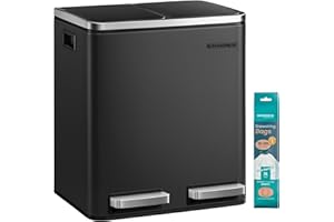SONGMICS Mülleimer Küche, 2 x 15 Liter, Mülltrennsystem 2 Fächer, inklusive 15 Müllbeutel, Abfalleimer, Treteimer, recycelbare Abfälle, Biomüll, Softclose-Deckel, tintenschwarz LTB30BK