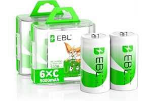 EBL 5000mAh C Size Rechargeable Batteries Industrial Battery C Batteries, 6 Counts Ni-MH C Cells