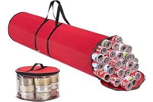 VIVO TECHNOLOGIES Christmas Wrapping Paper and Ribbon Storage Bag Set, Under Bed Gift Wrap Organizer Bag Fits 25 Rolls & Ribbon Holder,Dual Zips & Carry Handles, Red
