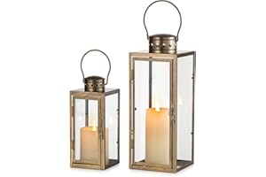 NUPTIO Lanterne Vintage Oro Distressed: 24 35cm Alto Decorativo Appeso Farmhouse Metallo Lanterna Decorazione Interna Con Vetro - Portacandele Per Halloween Home Mantle Soggiorno Patio