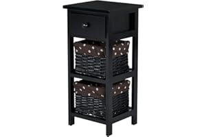 COSTWAY Mesita de Noche con Cajón y 2 Cestas de Almacenamiento Cajonera Mesa Auxiliar para Dormitorio Salón Habitación (Negro)