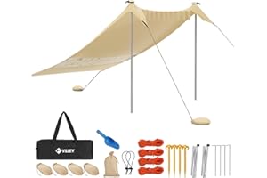 VILLEY Sonnenzelt 2m x 2,4m Khaki, UPF50+ UV Schutz Lycra Strandzelt für 3 Personen, Sonnenschirm Strand mit Sandsack und 2 Stützstäbe für Picknick, Angeln, Sonnenschutz