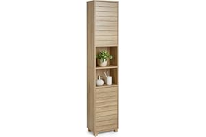 VonHaus Tall Bathroom Cabinet – Oak Wood Effect Bathroom Tallboy with Slatted Design - Tall Storage with 2 Handleless Cupboard Doors, 5 Internal & 2 Open Shelves - for Kitchen & Hallway - Chester