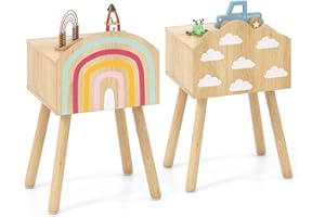 GYMAX Kids Bedside Table Set of 2, Wooden Children Nightstand with Solid Wood Legs, Anti-toppling Devices, Rainbow & Cloud Patterns, Toddler Side Table for Kid’s Bedroom Kindergarten Nursery