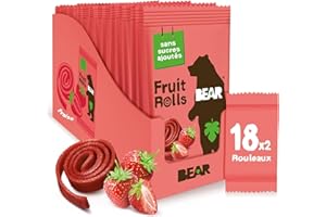 BEAR Fruit Rolls Saveur Fraise | 100% Ingrédients Naturels | Sans Sucres Ajoutés | Goûter Sain pour Enfants & Adultes | 18 Sachets de 20g | 360g