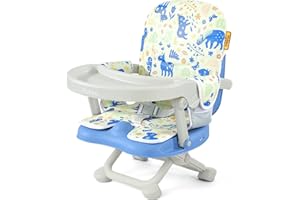 YOLEO Réhausseur Chaise Enfant Pliable, Chaise Haute Bébé Portable, Rehausseur Siège Bébé, Bébé Chaise repas en Hauteur Réglable, Plateau Amovible, 6 mois à 3 ans, Bleu avec Coussin