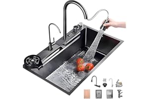 ATHOMASM Edelstahl Spüle 65x50cm | Einbauspüle mit Digitalem Temperaturdisplay, Wasserfall-Design & Abtropfkorb | Multifunktional Küchenspüle 1 Becken