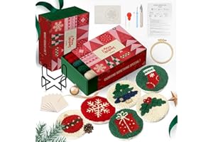 yuegool 6PCS Christmas Punch Needle Coaster Kit,Easy DIY Embroidery Set for Beginners, Kids & Adults with Patterns, Tools, Yarns, Hoop, Instructions & Coaster Holder