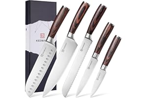 KEEMAKE Set Couteaux de Cuisine Professionnel, Couteau Cuisine Office Santoku Japonais Chef Pain Universel 5 Pièces en Acier Inoxydable, Poignée en Pakkawood
