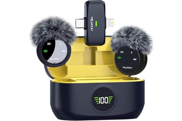 YEJATA Micrófono inalámbrico 2 en 1 para iPhone y Android, Mini micrófono con reducción de Ruido, Estuche de Carga de 40 Horas, Solapa magnética y Abrazadera para entrevistas, Alcance de 25 Metros.