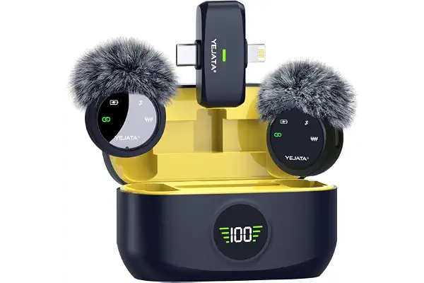 YEJATA Micrófono Inalámbrico de Solapa Dual para Vídeos | 2 transmisores, receptor USB-C/Lightning, cancelación de ruido DSP, estuche 40H, alcance 25 m, compatible con iOS y Android.