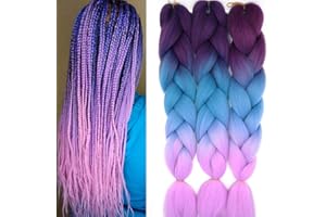 ‎CYBELLEZA 60cm Braiding Hair Extensions Ombre Jumbo Braids Kunsthaar 3 Stücke 24" Kanekalon Haar Flechten Extensions Crochet Twist Box Colorful Synthetik Haar Zöpfe, Lila&See Blau&Helllila