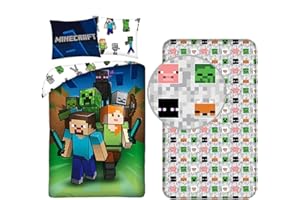 L.T.Preferita Mondo Green Blocks Craft Battle 3pezzi Set Letto Singolo Copripiumino 140x200 cm + Federa + Lenzuola con Angoli