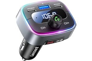 LENCENT Nadajnik FM Bluetooth 5,4, 60 W Szybkie Ładowanie z 2 USB-C (PD 30 W), darmowe rozmowy, muzyka samochodowa, głęboki bas Hi-Fi z 7 kolorami LED i pamięcią USB
