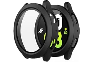 Piuellia 2-Pack Hard PC Protective Case with Tempered Glass Compatible with Samsung Galaxy Watch 5 Galaxy Watch 4 44mm, Anti-Scratch Ultra-Thin Cover with Screen Protector for Galaxy Watch5/4, Black