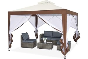 Mondeer Pawilon ogrodowy 3 x 3 m, podwójny dach, altana ogrodowa z 4 moskitierami, części boczne do cienia i deszczu, metalowa rama, stabilna, beżowa i brązowa