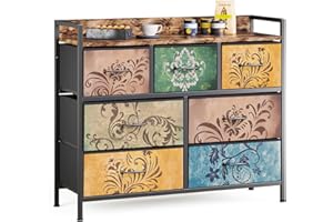 ‎MONDEER Mondeer Kommode mit 7 Schubladen, Schubladenschrank aus Vintage-Blumenmotiv Stoff Metallrahmen Rustikales, für Wohnzimmer Schlafzimmer Flur, 30 x 99 x 84 cm, Vintagebraun