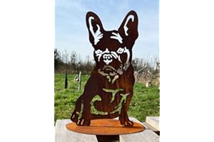 ‎STEINFIGURENWELT GIEBEN Gartenfigur Hund Französische Bulldogge auf Platte 30x18cm Edelrost Gartendeko Wetterfest Rost Metall Rostfigur Bully von Steinfigurenwelt