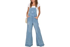 LYSINK Damen-Denim-Latzhose, Sommer-Latzhose, weites Bein, gewaschen, zerrissener Jumpsuit mit Taschen, für Streetwear