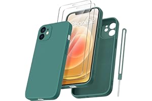 Qasyfanc Coque Protection Caméra pour iPhone 12 avec 2 Pièces Verre Trempé, Housse de Protection Silicone Antichoc Doublure Microfibre Douce Ultra Fine Coque iPhone 12 6.1" - Vert Nuit