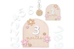 MSLSOZ Baby månatliga milstolpe-kortsset, trä fotorekvisita med blommig design, dubbelsidiga kort med stativ och nyckelring o