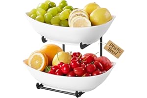 Lifewit Frutero con 2 niveles, frutero de plástico con estante de metal negro, cesta de 2 pisos, soporte para frutas con bandeja blanca para servir buffets/frutas/frutas/aperitivos/verduras/postres