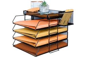 PLSOPPKG Wire Mesh in Trays for Desk, 4-Tier Metal Mesh Letter Tray Desk Organisers, Stackable Office Desk Tidy File Holder With Top Stationery Holder, Desk Organizer for Office, School and Home