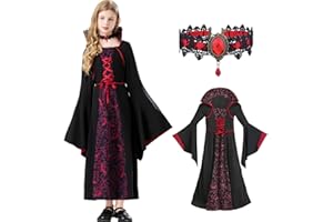 MUXIWOM Vampire Deguisement Halloween, Déguisement Vampire Enfant, Costume de Vampire Fille, Gothique Robe Vampire avec Collier pour Halloween Carnaval Fête à thème Dracula Cosplay