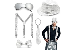 Xerteam Tenue à paillettes pour homme, Costumes à paillettes pour homme avec chapeau à paillettes, nœud papillon, cravate, bretelles en Y, lunettes argentées, Accessoires de costume disco pour
