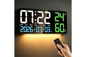 Focenat 15 tum stor digital väggklocka, LED digital väggklocka med fjärrkontroll, temperatur, datum, larm, timer, 7 färger na