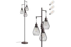 EDISHINE Industrial Floor Lamp, Dimmable Standing Lamp with Wire Cage Lampshade, Floor Lamps for Living Room, Bedroom, E27 Sockets, 3 LED Bulbs Included, Brown Metal