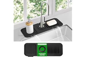 DOLIC Alfombrilla para Grifo de Fregadero de Cocina, Protector contra Salpicaduras de Silicona con Secado rápido y Soporte para Esponja y jabón para Platos (Negro, 14.6"x 5.5")