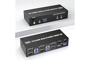 Arkidyn Plus USB 3.0 HDMI Dual Monitor KVM Switch 2 Port, 4K@60Hz for Computers Share Monitors and 3 Ports, Audio Microphone Output, Wired Remote Cables Included