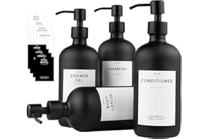 MONOKO 4er Set Seifenspender Schwarz Matt aus Glas | 500ml Shampoo Flaschen zum Befüllen | Spülmittelspender Küche | Spender Pumpkopf Edelstahl | Pumpflasche + Aufkleber