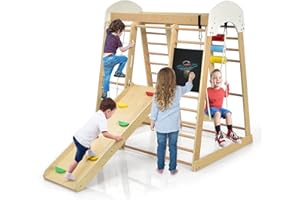 COSTWAY 8-in-1 Climbing Frame, Wooden Gym Activity Center with Slide, Ladder, Climbing Rock/Net, Monkey Bars, Drawing Board, Abacus Game and Swing, Indoor Climber Playset for Kids (Natural)