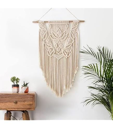 Tenture Murale Macramé Bohème - 97x60 Cm - Coton - Décor Salon/Chambre - Avec Bâton Hêtre