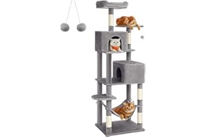 Feandrea Árbol para Gatos de 191 cm de Altura, Rascador para Gatos con 5 Postes, 2 Plataformas, 2 Cuevas, Hamaca, 2 Pompones, Felpa Multicapa, Gris Claro PCT191W01