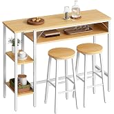 HOOBRO Bar Table and Stools Set, High Bar Table with 3 Tier Shelf and 2 Round Stools for Kitchen, Living Room, Dining Room, W