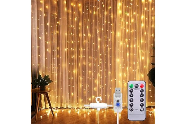 Desidiya 8 Modes Curtain Strip Lights 300 LEDs 10 Fairy Light 3 Meters Each Indoor/Outdoor Decoration for Wedding, Party, Home, with Remote and USB Power Supply (Warm White)