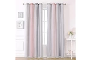 KAHEAUM Blackout Curtains for Bedroom Living Room Nursery , 2 Panels 52 x 54 inch Drop White Lace Voile Net Windows, Soundproof Thermal Lined Eyelet Pink Curtains, grey