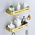HNVNER Brushed Gold Shower Caddy No Drilling, Aluminum Alloy Bathroom Wall Shelves With Hooks, Storage Holder for Shampoo, Rust Proof, 2 Pack
