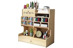 Hggzeg Organizer da scrivania in legno fai da te da te per cancelleria, grande capacità, con cassetto per casa, ufficio e scuola (B18 bianco acero)