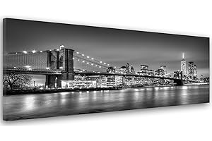 FEEBY FRAMES Feeby Cuadro En Lienzo El Puente De Brooklyn Nueva York 120x40 cm 1 Pieza Imagen Decoración de Pared Salon Dormitorio Cocina Oficina Pasillo Rascacielos Edificios Arquitectura Agua Negro Y Blanco